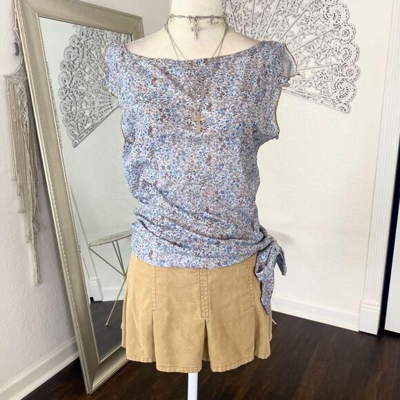 Tops - Early 2000's Boho Blue Brown Floral Flower Cap Sleeve Mesh Top S / M
